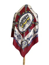 Vintage Pure Silk Scarf Made in Italy Equestrian Carriage Red Navy Square A30