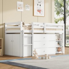 Kids Single Mid Sleeper Bed w/ Pull-out Desk, Cabinet, Drawers, Reversible Frame