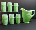 Vintage -Ball And Swirl Westmoreland Milk Green Glass Pitcher With 6 Glasses