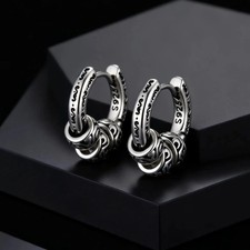 Mens Vintage Totem Vine Hoop Huggie Earrings Punk Gothic Stainless Steel Jewelry