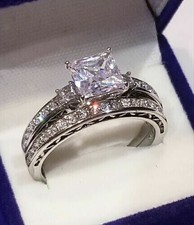 Princess Cut 2.95Ct Diamond 14K White Gold Wedding Ring Set Simulated in Size 6