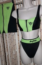 Vtg 80s 90s HAASTYLE Neon Green Black 3 Pc NEOPRENE rubber Swimsuit Skirt Set S
