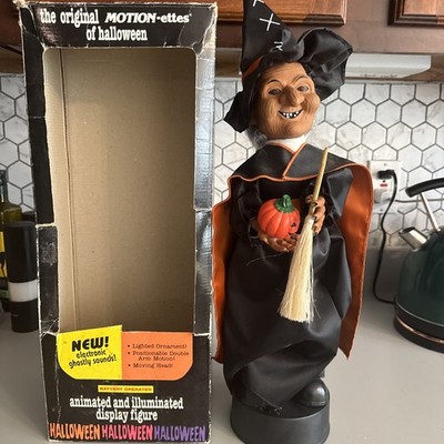 1994 Telco Motion-ettes Halloween Animated Light Sound Witch Skull Broom TESTED