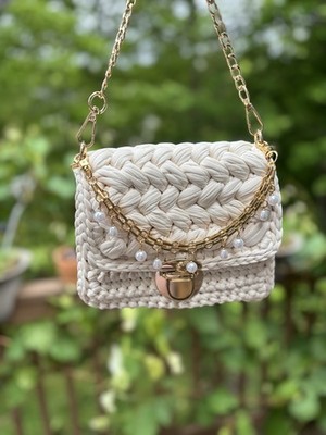 Handmade Crochet Designer Handbag Ivory Beige T Shirt Yarn With Gold And Pearls