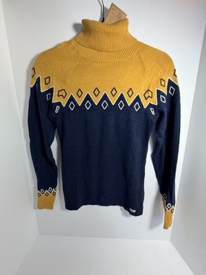 Timeout Brand Women s Geometric Turtleneck Sweater Navy Yellow Wool Cashmere S