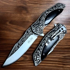 9" Black Wood Handle Spring Assisted Engraved Blade Folding Open Pocket Knife
