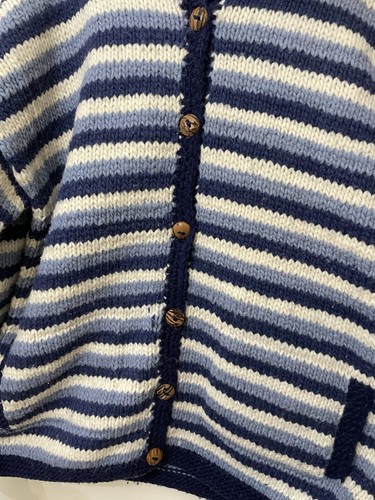 Vintage PACHAMAMA Hand Knitted Wool Blue White Stripe Cardigan Pockets M L - Picture 7 of 9