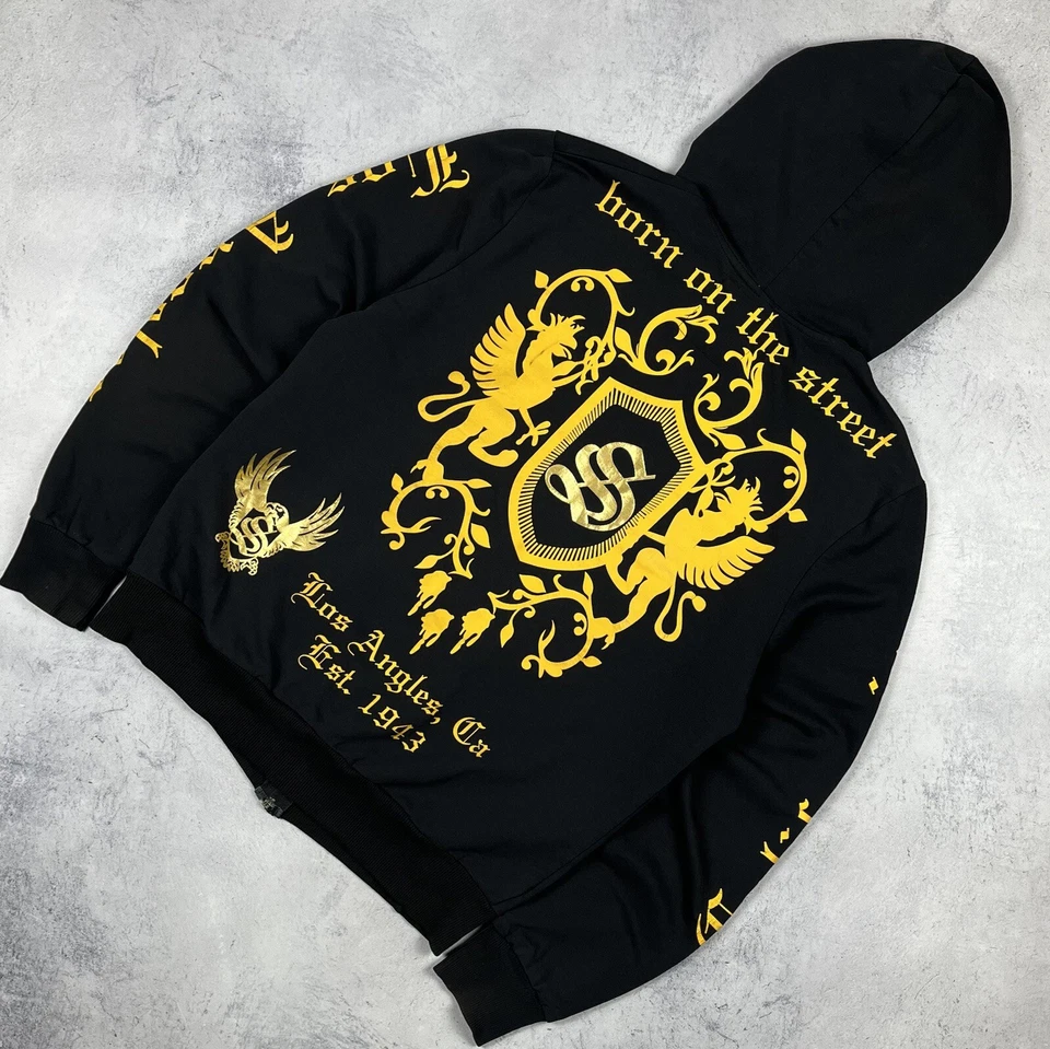 Винтажная толстовка с капюшоном SMET Christian Audigier Y2K Crazy на молнии размер средний черная татуировка оригинальная - Изображение 2 из 4