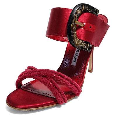 Manolo Blahnik Guey Red Satin 37 FR 6 US Adjustable Buckle High