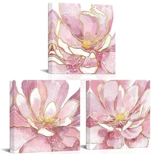 Pink Abstract Floral Canvas Wall Art, 12x12, Blossoming with Gold Foil - Set ...