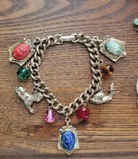 Vtg Egyptian Revival King Tut Pharaoh Head Sphinx Charms Costume Bracelet 7