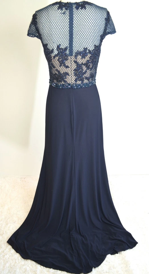 Maxi Vestido Jersey MAC DUGGAL 65473F Azul Marino Desnudo Cuentas Malla Crochet Encaje 14W Foto 2 de 4