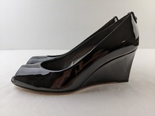 NEW Stuart Weitzman Women 10 M Black Patent Leather High Wedge Heel Peep Toe