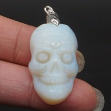 1.2" Skull Head Statue Opalite Crystal Pendant Carved Stone Necklace Jewelry