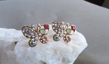 Gold tone Butterfly Rhinestone Stud Earrings .75" x.75"