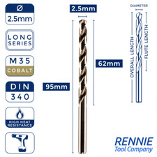 Image of 1 x DIN340 HSS Cobalt Long Series Jobber Drill Bit All Metric Sizes. M35 Co5