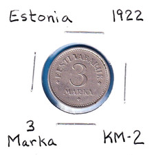 1922 Estonia 3 Marka (KM-2) Copper-Nickel [Aron Hirsch HKM Mint]  One-year issue