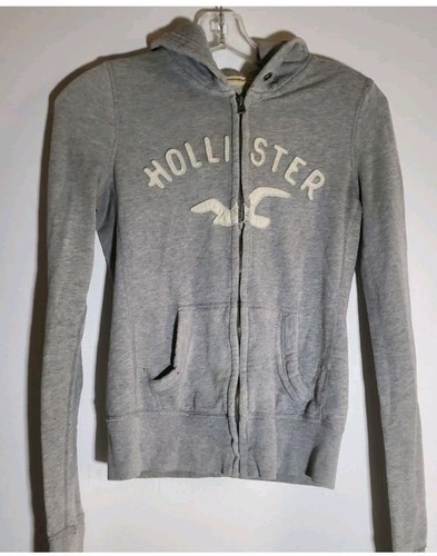 HOLLISTER WOMEN'S HOODED LOGO ZIP UP SWEATSHIRT HEATHER GRAY SIZE Large