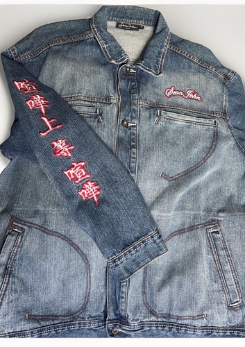 SEAN JOHN Chinese Dragon Denim Jean Jacket Button Up Blue XXL Missing Button - Picture 2 of 11