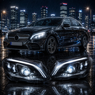 Headlights For 2015-2021 Mercedes Benz C Class LED Halogen Upgrade Animation