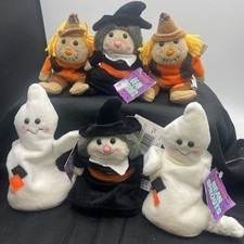 Halloween Bean Sprouts Lot Of 6 Ghost Witch Scarecrow Plush Beanbags Tags Vtg