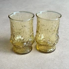 Pair 2 Vintage ANCHOR HOCKING AMBER Yellow 4" Rain Flower Juice Glass Cups Drink