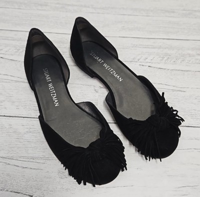 Stuart Weitzman Pompei fringe bow d'orsay black ballet flats women's size 5.5
