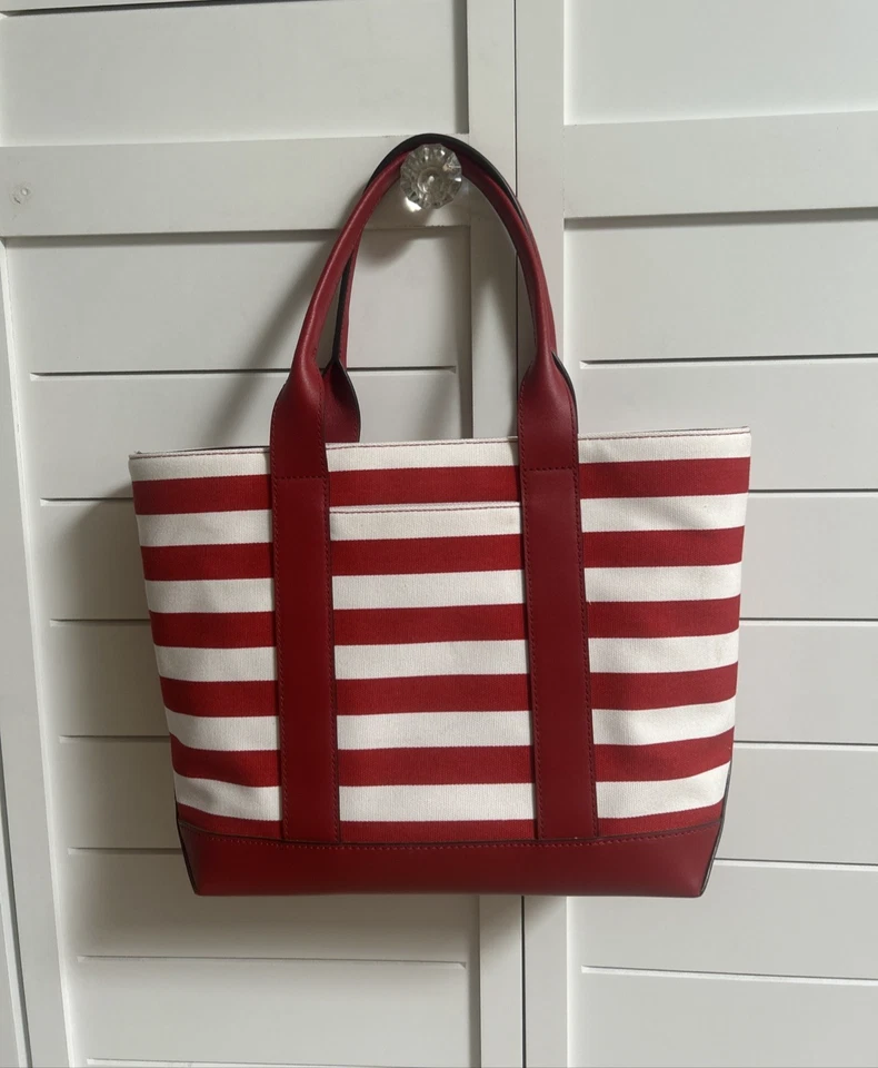 Bolso de Mano MICHAEL KORS Fulton Rojo Blanco Rayas Lona y Cuero Cartera Bolso de Mano Foto 3 de 4