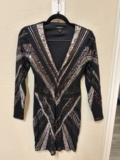 Express Black Silver Sequin Geometric Bodycon V-Neck Long Sleeve Dress S