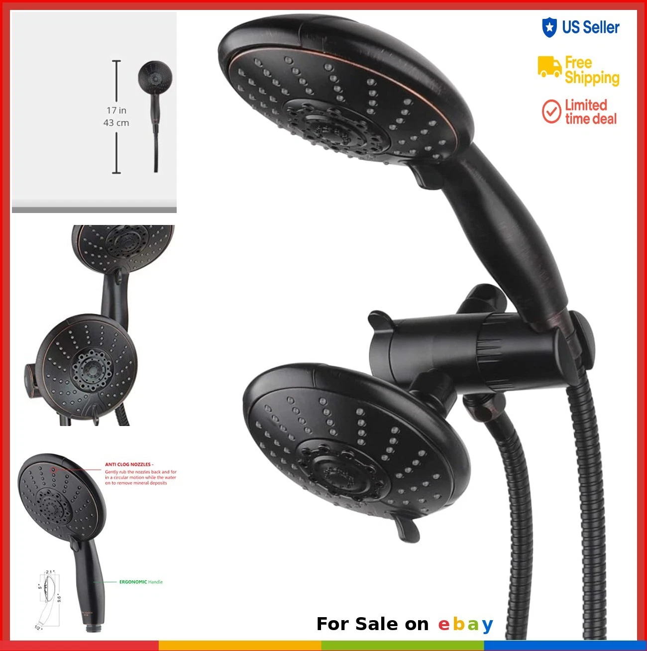 Dual Shower Head 5 Inch 5 Settings Oil Rubbed Bronze Handheld Combo 5 Foot