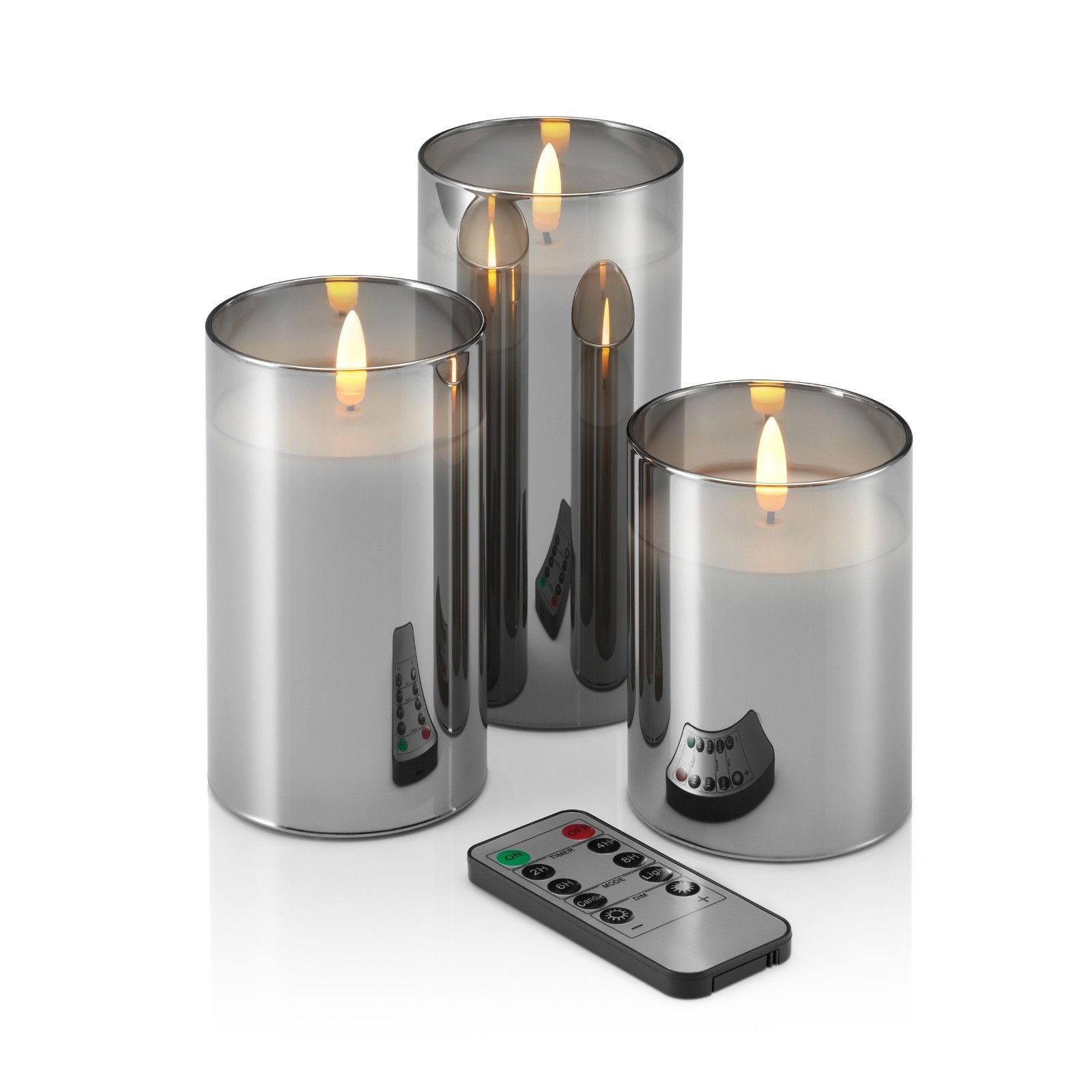 Auraglow Set of 3 Flameless LED Candles Smoked Glass Remote Control Timer