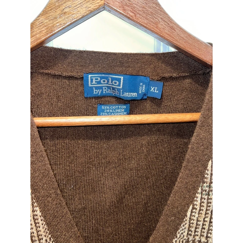 Polo Ralph Lauren Men's Brown Plaid Cashmere Blend V-Neck Button Vest Sweater XL - Image 3 of 4