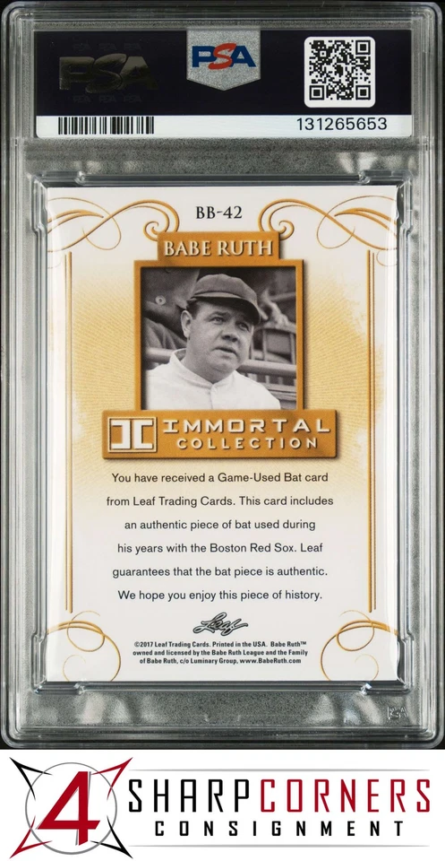 2017 LEAF BABE RUTH IMMORTAL GAME-USED BAT BOSTON RED #BB-42 #/10 POP 1 PSA 8 - Image 2 of 4