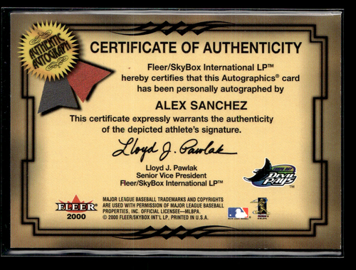 Alex Sanchez 2000 Fleer Skybox Autographics Auto 75/250 - Picture 2 of 2