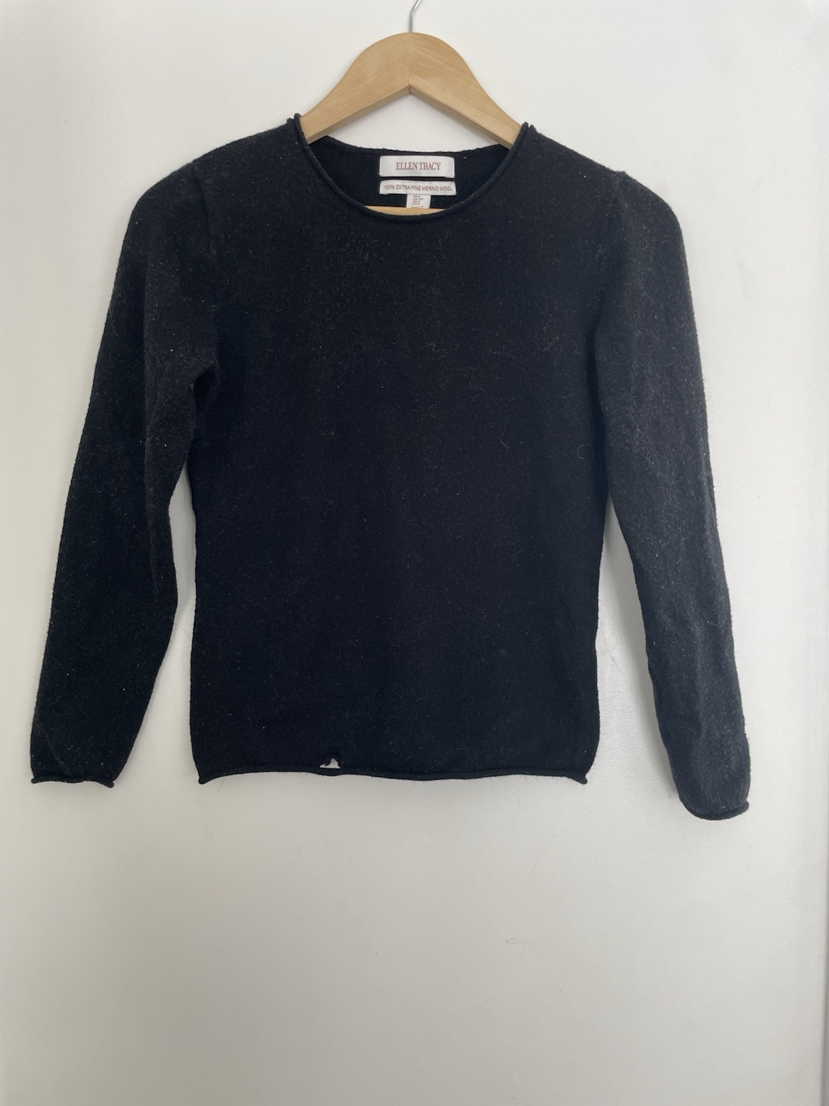 Ellen Tracy Women's Solid Black 100% Extra Fine Merino Wool Long Sleeve Shirt S