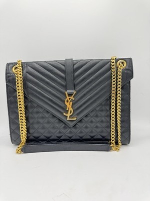 YSL Saint Laurent Monogram Triquilt Envelope Bag Large Black 100% Genuine