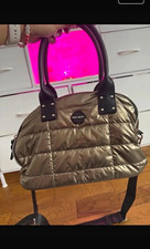 Pepe Moll Bronze Quilted Nylon Shoulder Bag, Black Handles, Detachable Strap