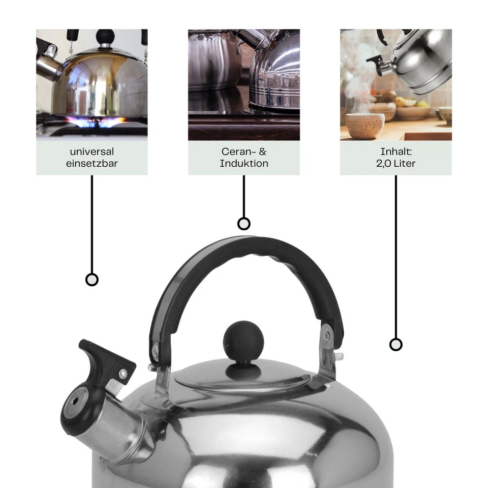 Edelstahl Flötenkessel 2,0 L Camping Wasserkocher Wasserkessel Pfeifkessel Tee - Bild 4 von 4