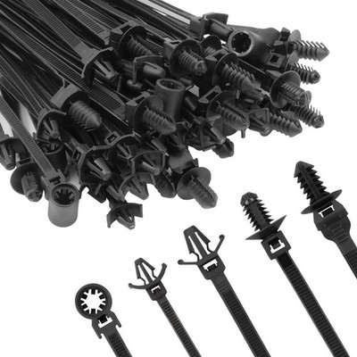 110 Pcs Automotive Installation Black Push Mount Cable Zip Ties Assorted Sizes,