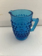 Fenton Colonial Blue Creamer Pitcher UV Reactive Blue Glass 4" Hobnail Pitcher