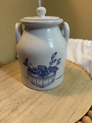 Vintage 7'' Ceramic Crock Canister Blue Flower Box Double Handles & Lid