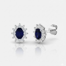 Blue Sapphire & Diamond Stud Earrings | 1.24Ct | 18K White Gold - Ready To Ship