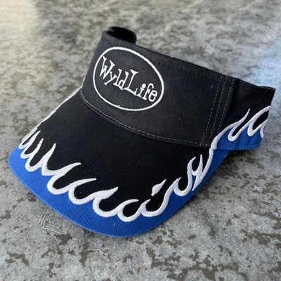 Vintage WyldLife Flame Embroidered Visor Hat Black Blue Otto Cap Y2K Skater OSFM
