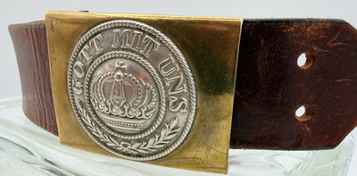 Antique WW1 Prussian Gott Mit Uns Brass Belt Buckle M1895 Leather Belt 36