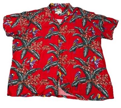 Vtg Paradise Found Honolulu Hawaii Red Parrot Palm Tree Hawaiian Shirt 3XL