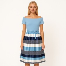 FASHION LINE Vintage 90s Blue Striped Off Shoulder V-Neck Midi Dress NWT