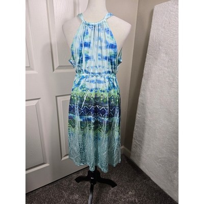Kiara Women's Size Large Blue Lagoon Halter Dress Sleeveless Coastal Chic