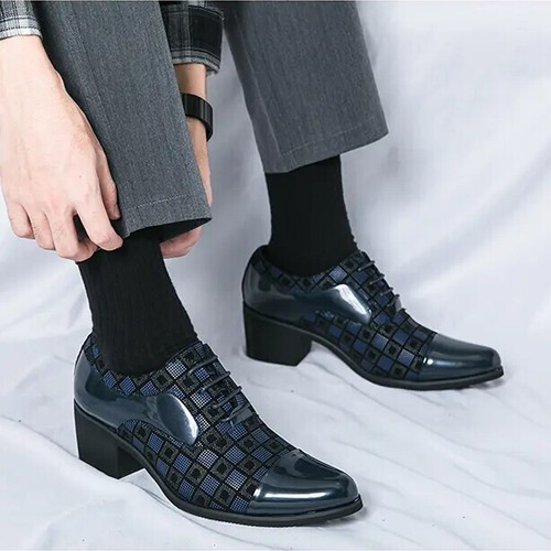 Men's Pointed Toe Lace Up Evening Party 6CM Cuban Heels Formal Dress Derby Shoes - Picture 25 of 26