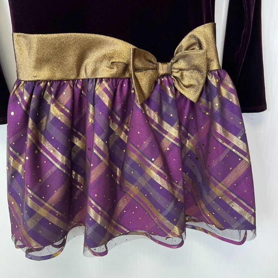 Vestido Bonnie Jean Niña 12 Terciopelo Brillante Manga Larga Cuadros Lazo Fiesta Core Ex Foto 3 de 4