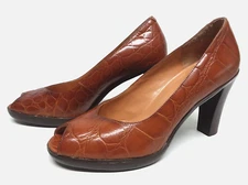 Nine West Womens Shoes Peep Toe 9.5M Brown Natural Leather Slip-On Chunky Heel